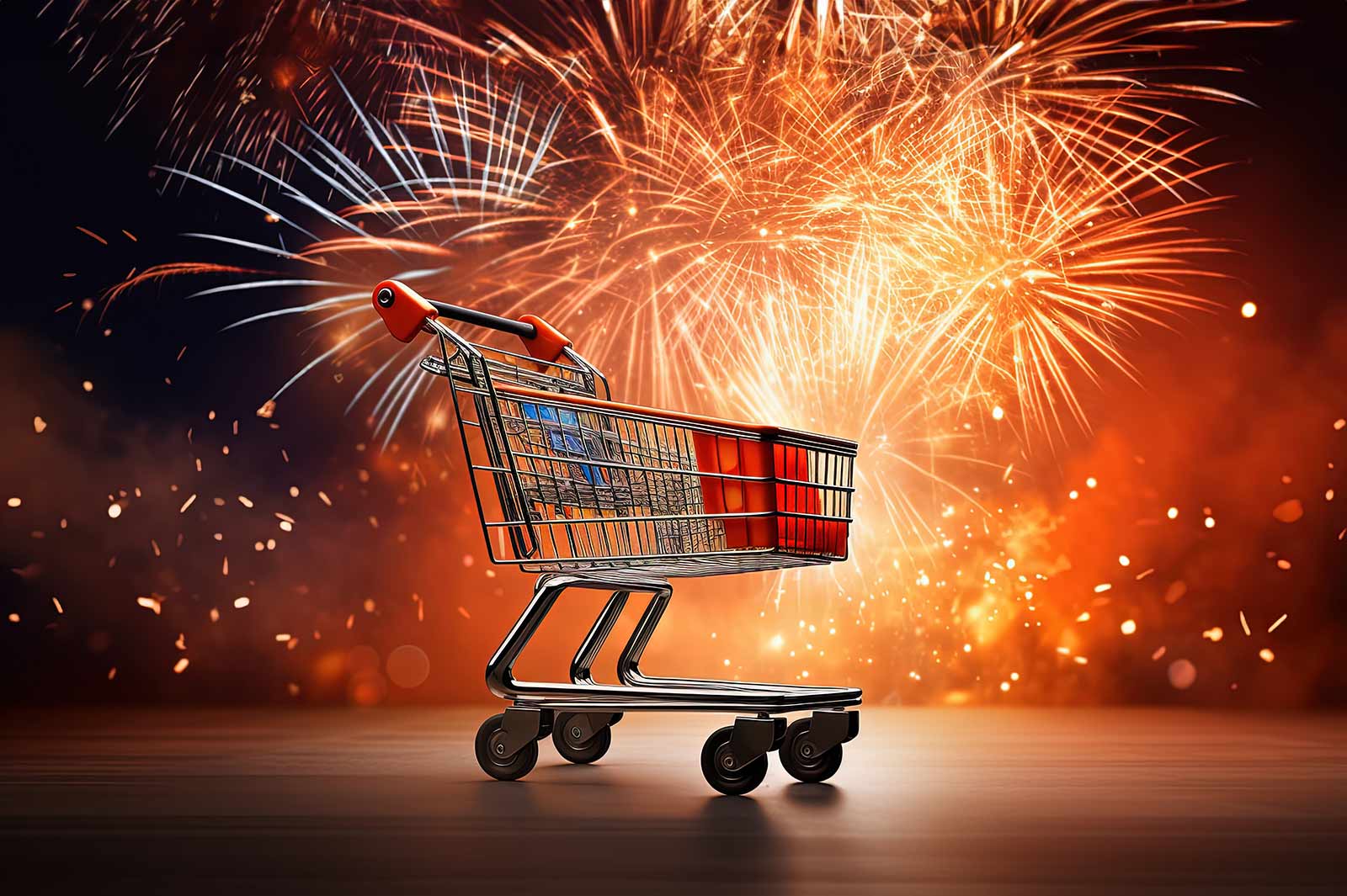 Shopping cart in front of a fireworks display
